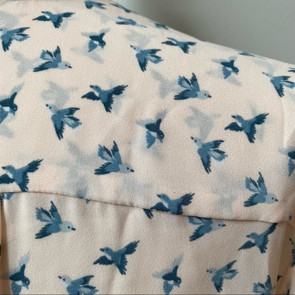 LOFT Bird Print Button Front Ruffle Neck Blouse Light Pink Blue - Picture 11 of 12